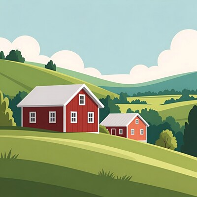 Red Barns on Green Hills Illustration