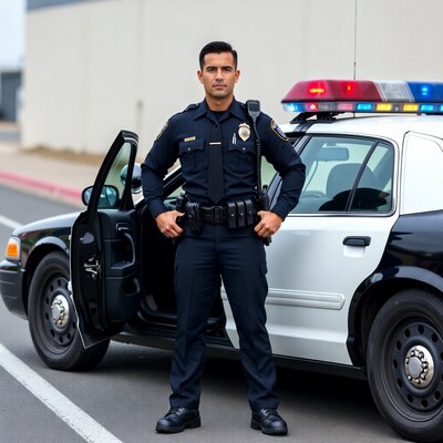 Latino police officer standing by patrol car