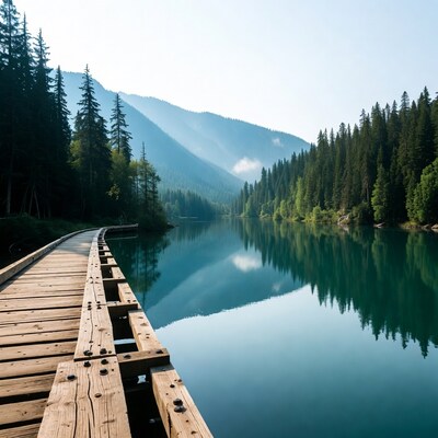 Wooden pier over turquoise mountain lake