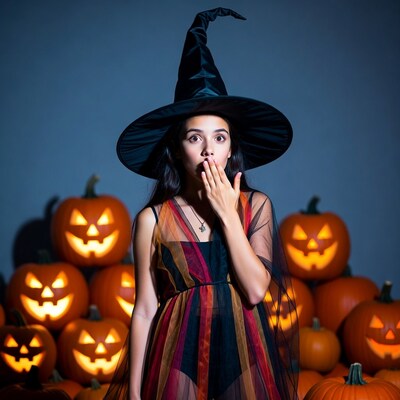 Woman in witch hat gasping with pumpkins