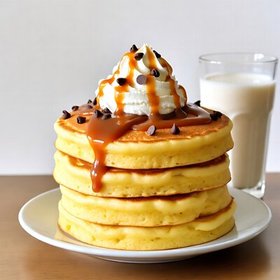 Stack of pancakes with caramel whipped cream
