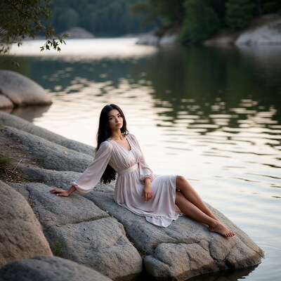 Asian woman in white dress on lakeside rocks