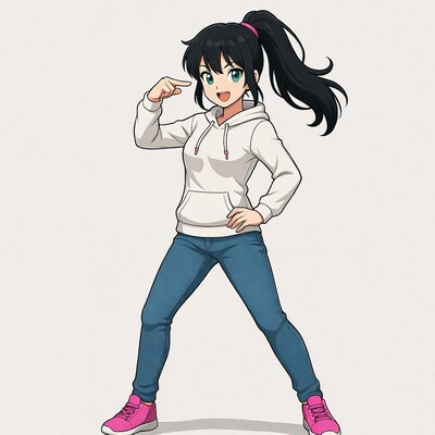 Anime girl pointing in hoodie and jeans
