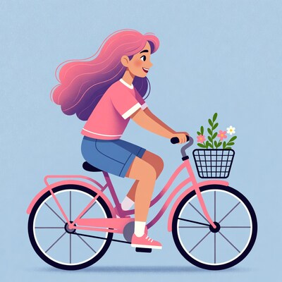 Woman riding pink bicycle with flowers