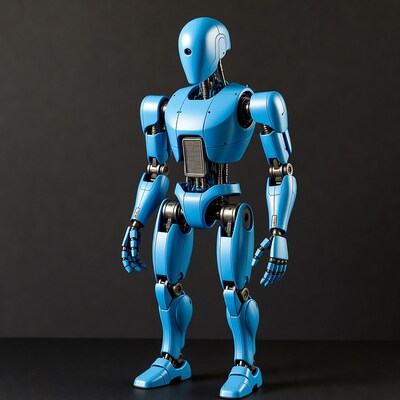 Blue humanoid robot standing