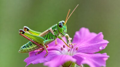 Grasshopper on pink flower
