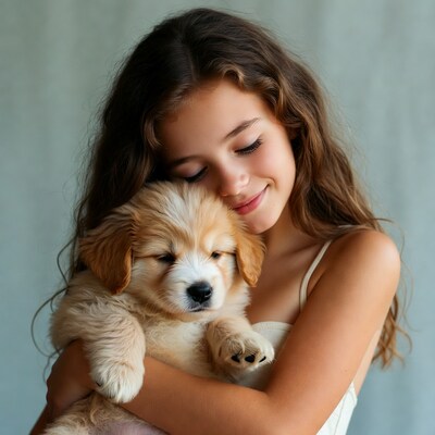 Girl hugging golden retriever puppy