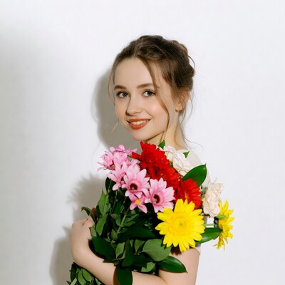 Young woman holding colorful flowers