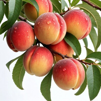 Fresh peaches on branch with water droplets