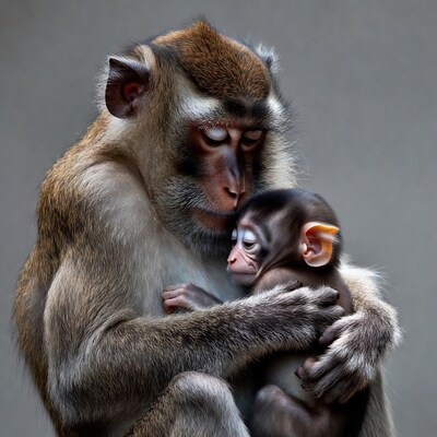 Mother macaque hugging baby monkey