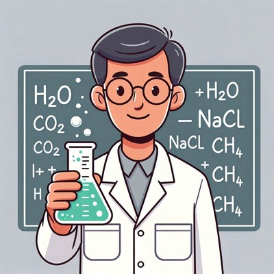 Asian man chemist holding flask illustration