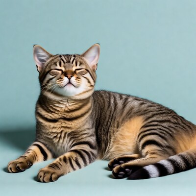 Tabby kitten smiling on blue background