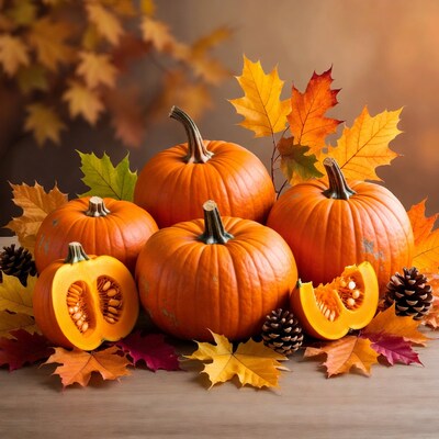 Pumpkins with autumn leaves and pinecones