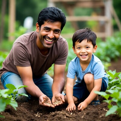 Father and son planting seeds in garden