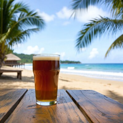 Beer glass on beach table