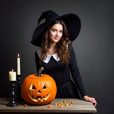 Woman in witch costume with jack-o-lantern