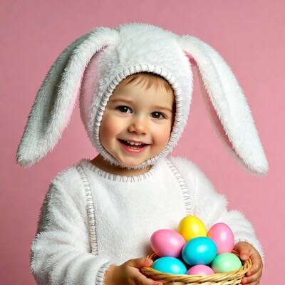 Toddler girl in bunny costume holding Easter eggs