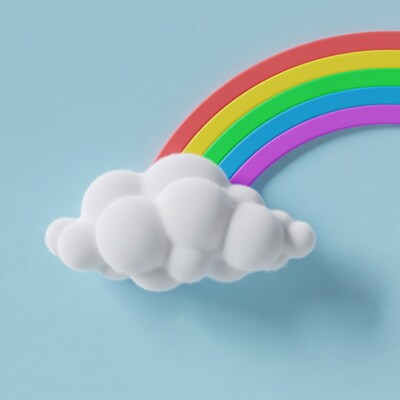 3D Rainbow with Cloud on Blue Background