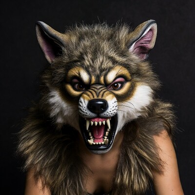 Woman wearing snarling wolf mask