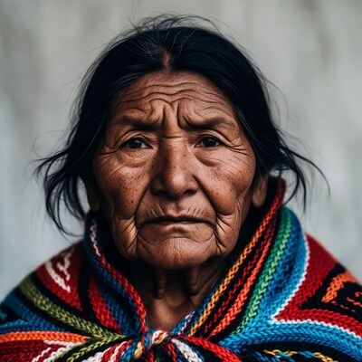 Indigenous woman in colorful knitted shawl