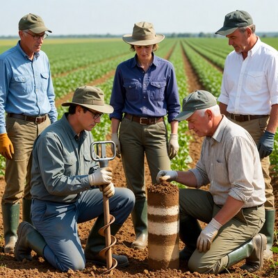 Farmers examining soil core in field