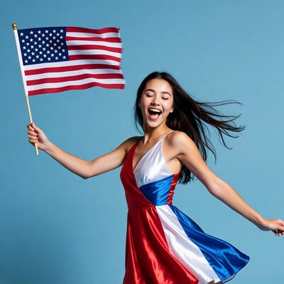 Asian woman holding American flag