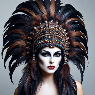 Woman in Native American feather headdress