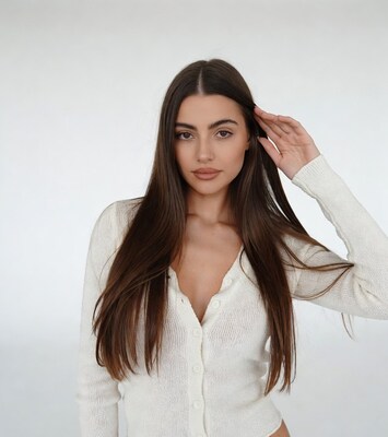Woman touching hair in white sweater