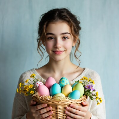 Girl holding Easter basket with eggs