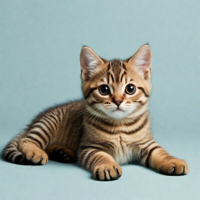 Cute tabby kitten on blue background