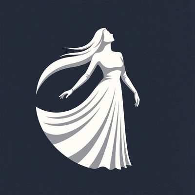 Woman in flowing white dress silhouette