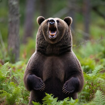 Roaring brown bear in forest