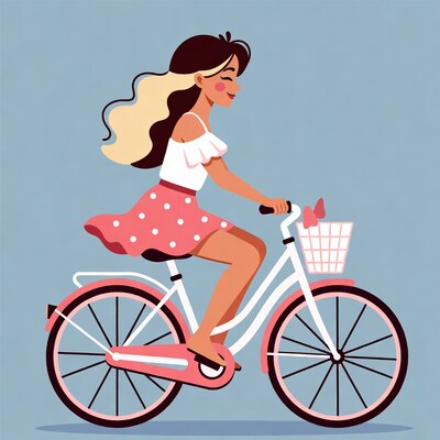 Woman riding pink bicycle illustration