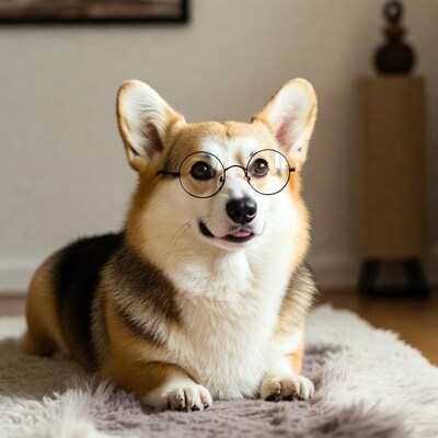 Corgi wearing glasses on rug