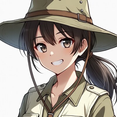 Anime girl in safari hat smiling