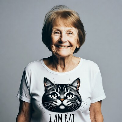 Elderly woman in I AM KAT cat t-shirt