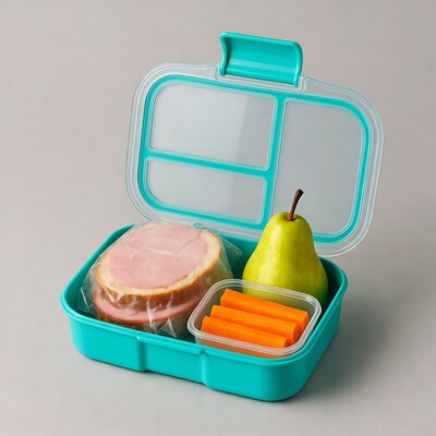 Open turquoise lunchbox with ham sandwich