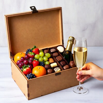 Gift box with fruits chocolates champagne