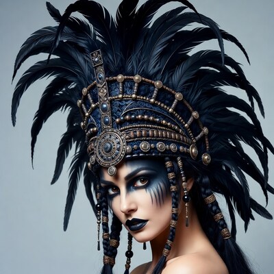 Woman in black feather headdress