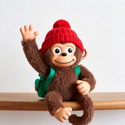 Waving monkey with red hat and backpack