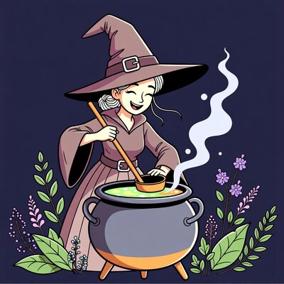 Cartoon witch stirring cauldron