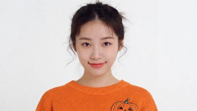 Asian woman in pumpkin sweater smiling