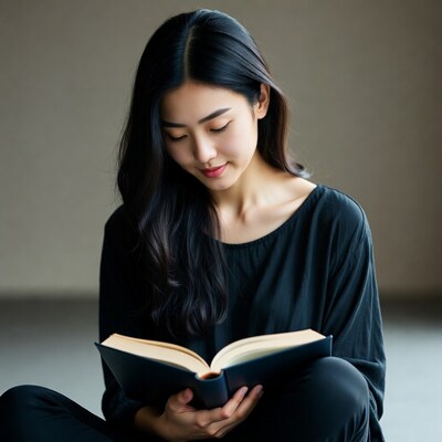 Asian woman reading book on floor