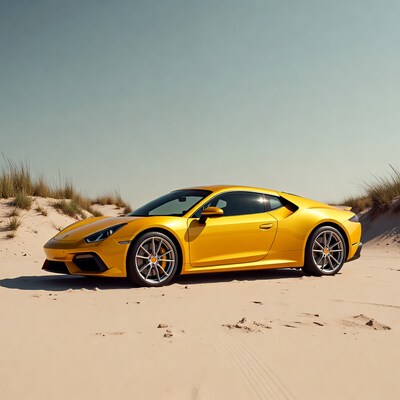 Yellow Lamborghini on beach