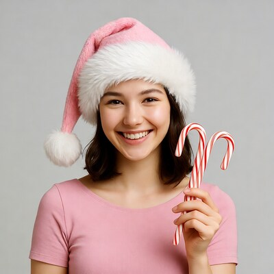 Asian girl in pink Santa hat holding candy canes