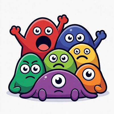 Colorful cartoon blobs with emotions