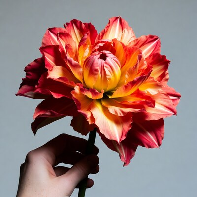 Hand holding vibrant red dahlia flower
