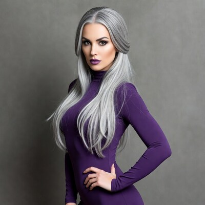 Woman with silver hair in purple dress