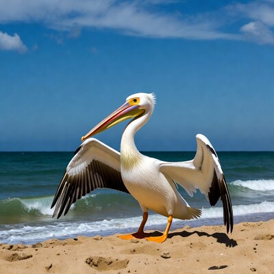 White pelican spreading wings on beach