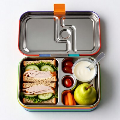 Open colorful lunchbox with sandwiches